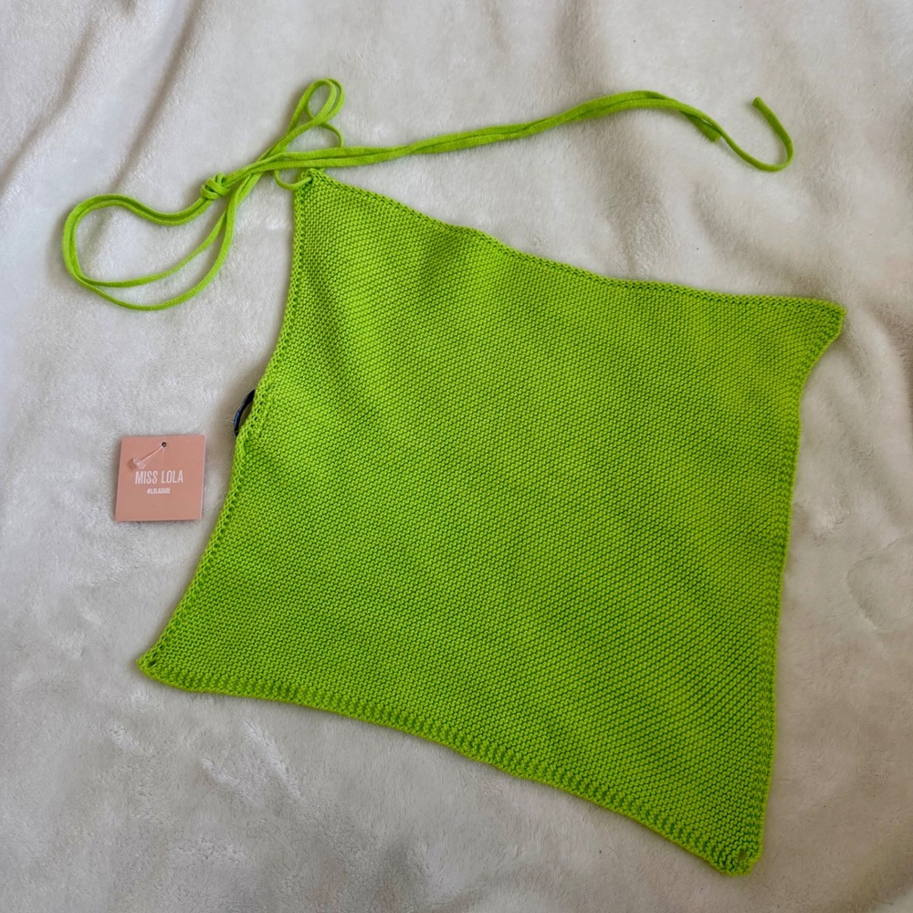 Miss Lola Sz S Lime Green Chunky Knit Self-Tie Halter Crop Top Y2K Festival NWT